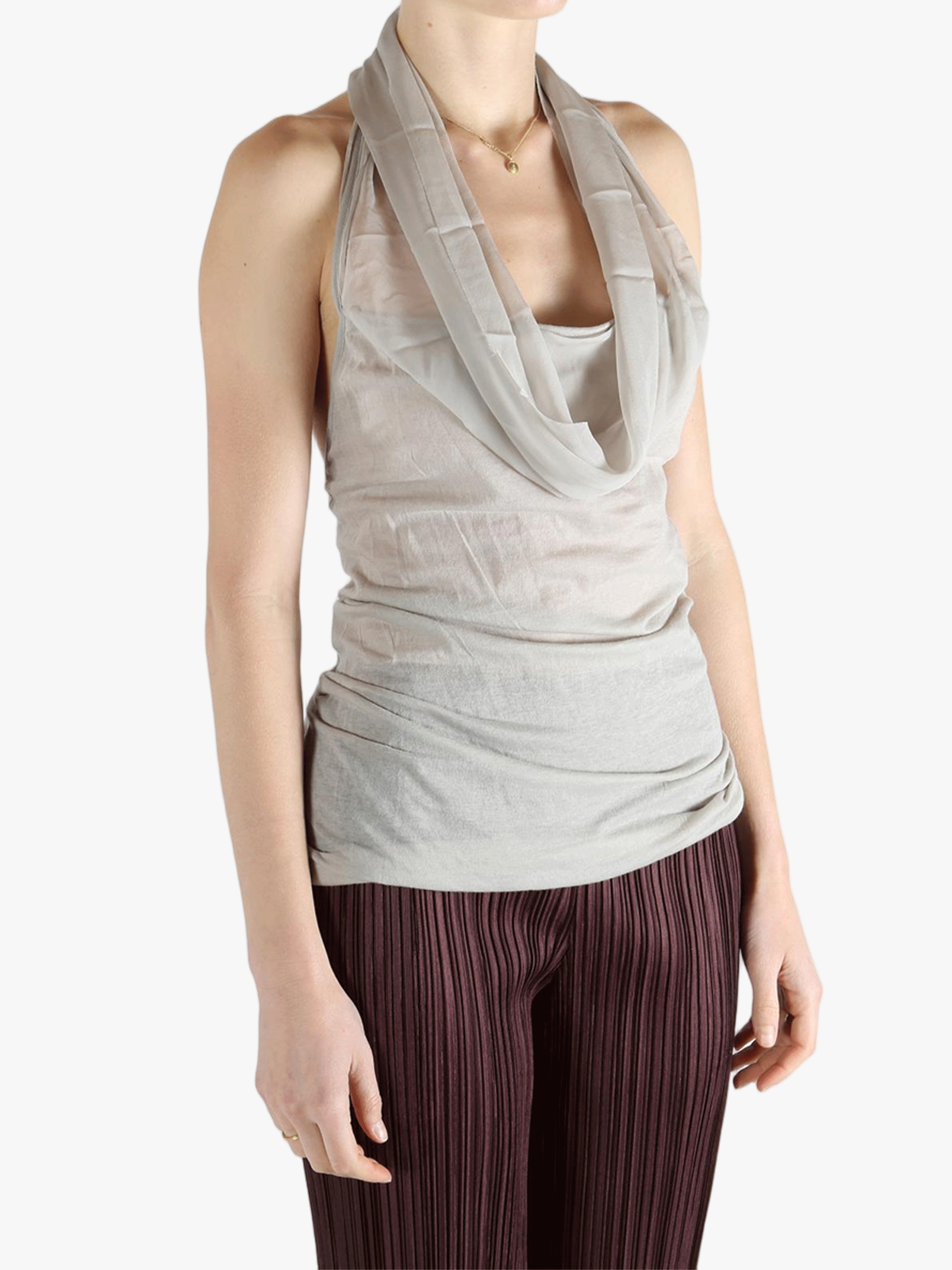 Grey top worn by a person, showing the top fit