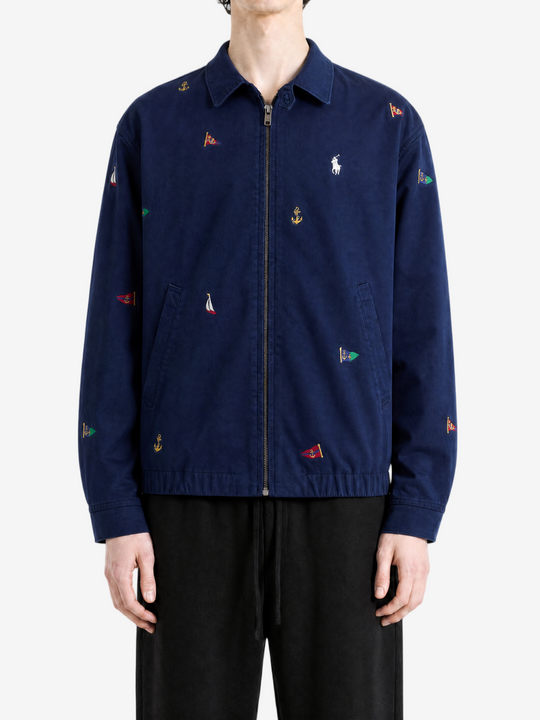 Navy jacket, full body view