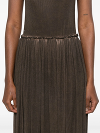 Close up of brown sleeveless dress, showing texture of the viscose fabric