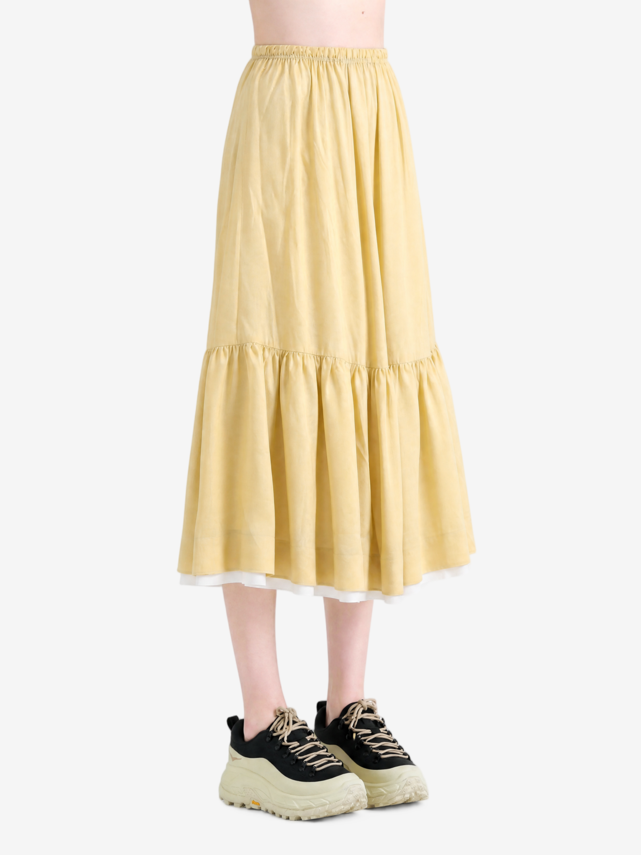 Tan skirt, full body view