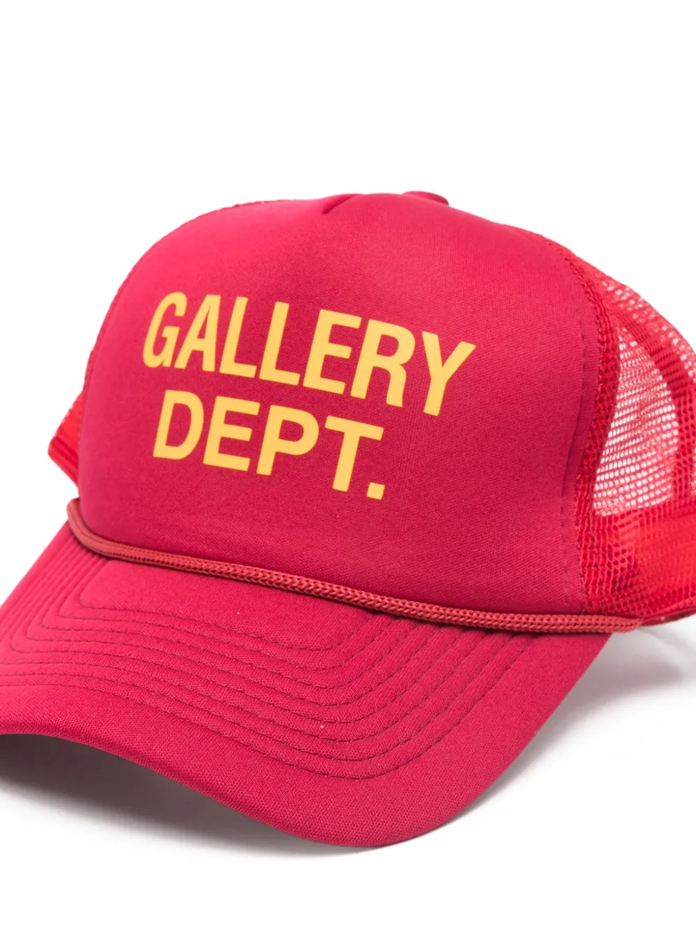 Close up of red hat, showing texture of the Polyester fabric