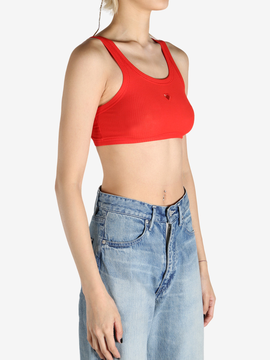 Red bra worn by a person, showing the bra fit