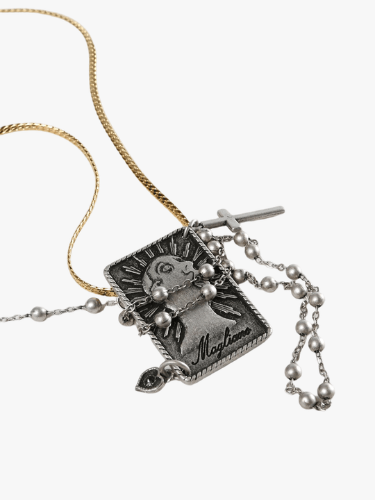 Necklace with a pendant featuring a character and text on a white background