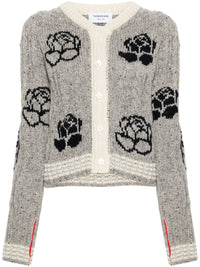 THOM BROWNE - Women Rose Intarsia And Cable Check Cropped Crew Neck Cardigan