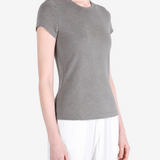 Grey t-shirt worn by a person, showing the t-shirt fit