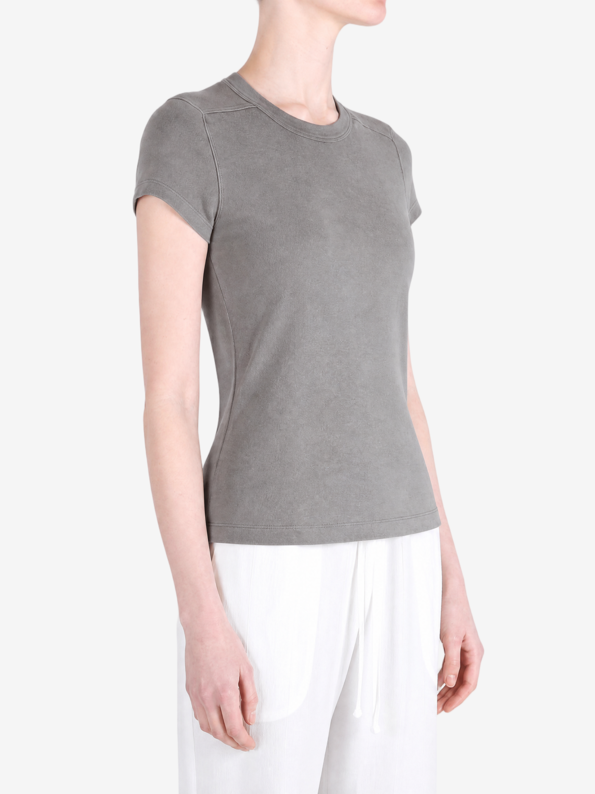 Grey t-shirt worn by a person, showing the t-shirt fit