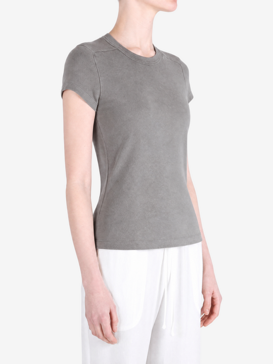 Grey t-shirt worn by a person, showing the t-shirt fit