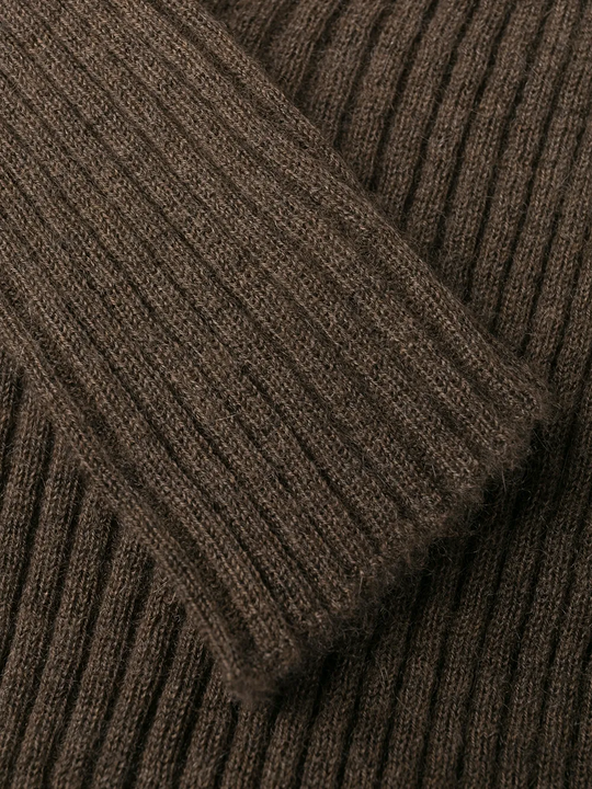 Close up of brown sweater, showing the detial of the sleeve