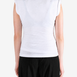White top worn by a person, showing the top fit