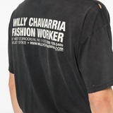 close up of black t-shirt, showing texture of the cotton fabric