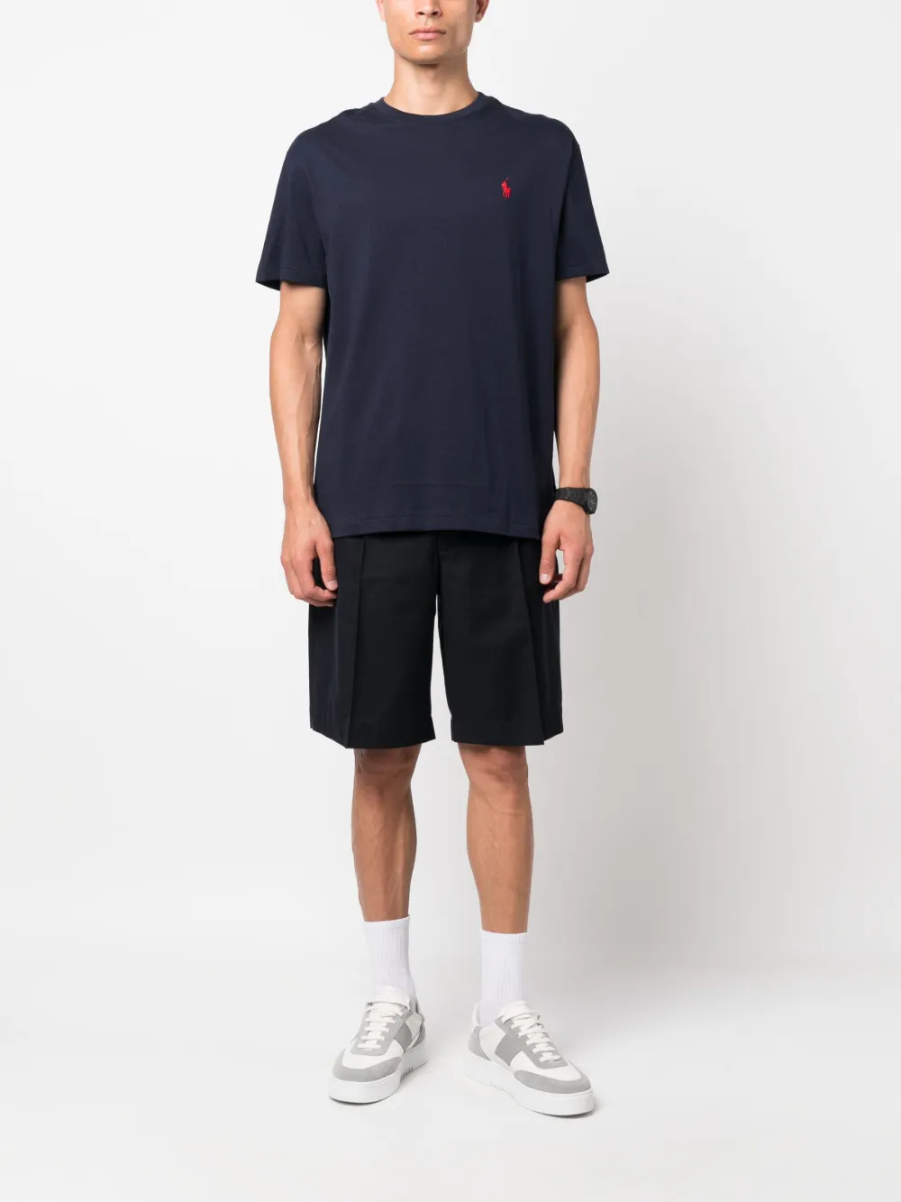 Navy t-shirt, full body view