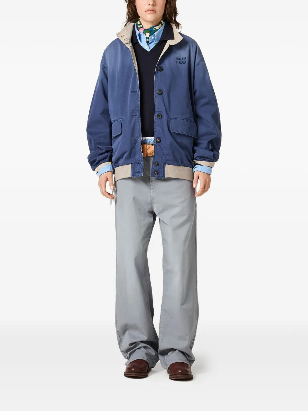 Blue jacket, full body view