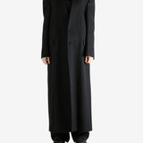 Black coats worn by a person, showing the coats fit