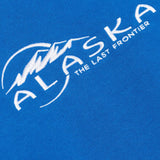 Close up of blue sweatshirt, showing texture of the  fabric