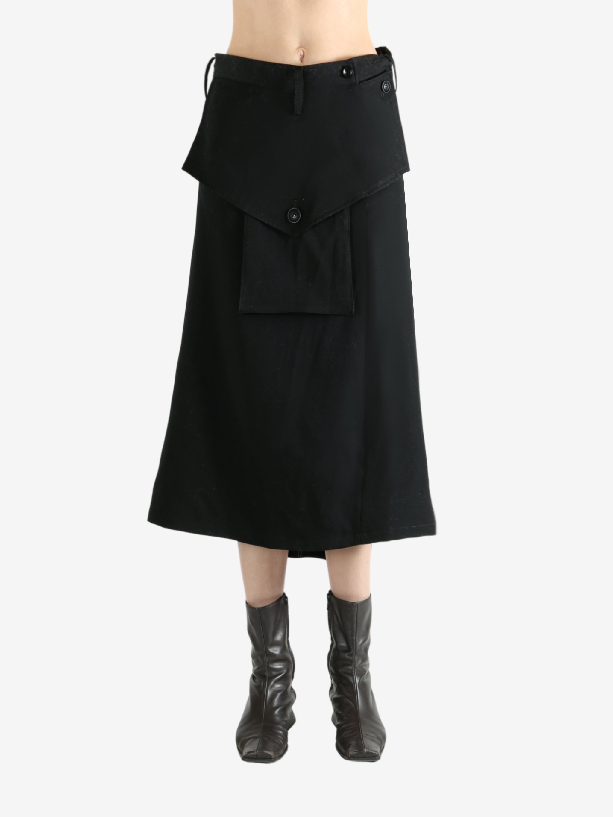 Black skirts worn by a person, showing the skirts fit