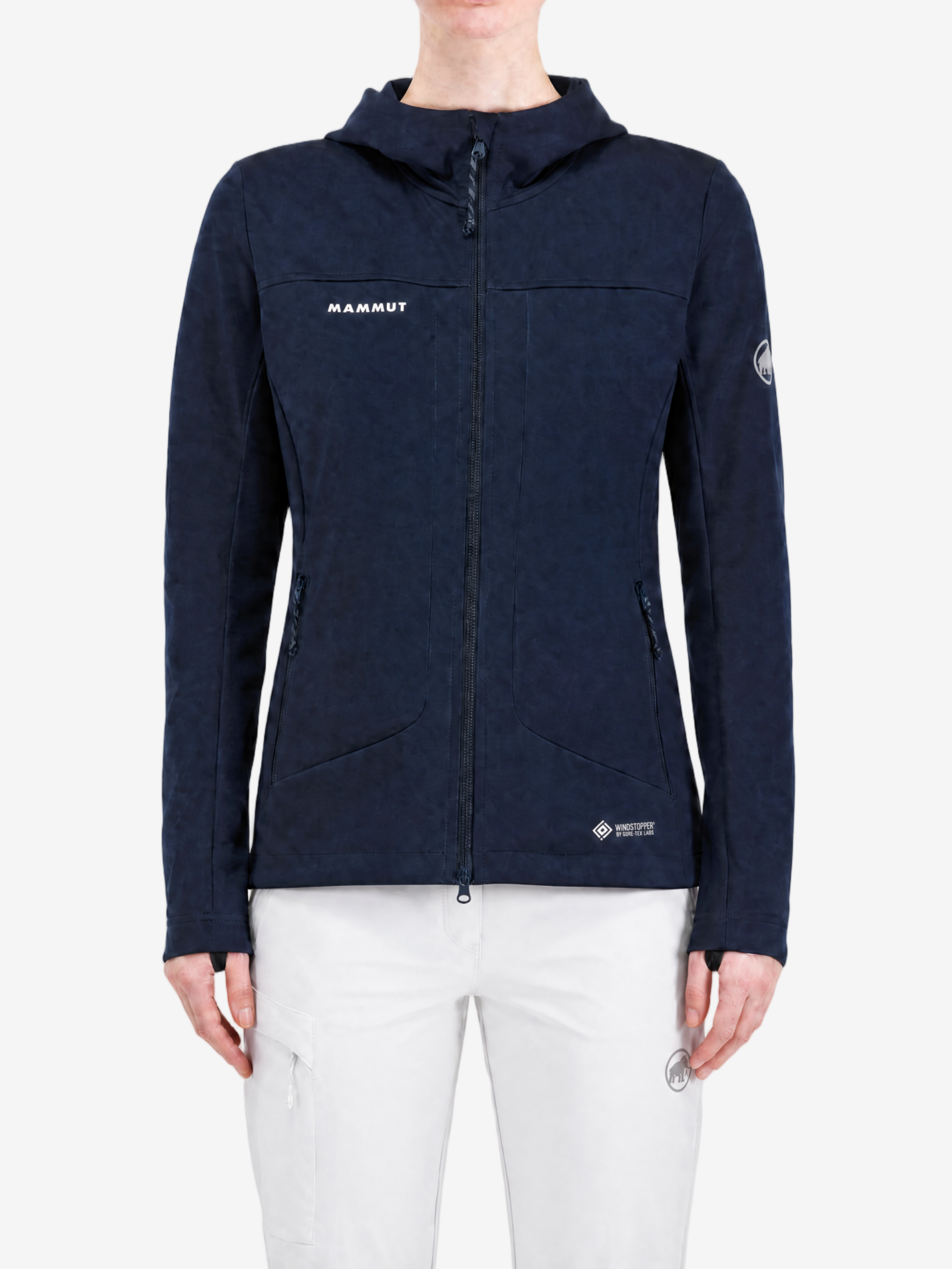 Navy jacket, full body view