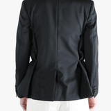 Black jacket worn by a person, showing the jacket's fit