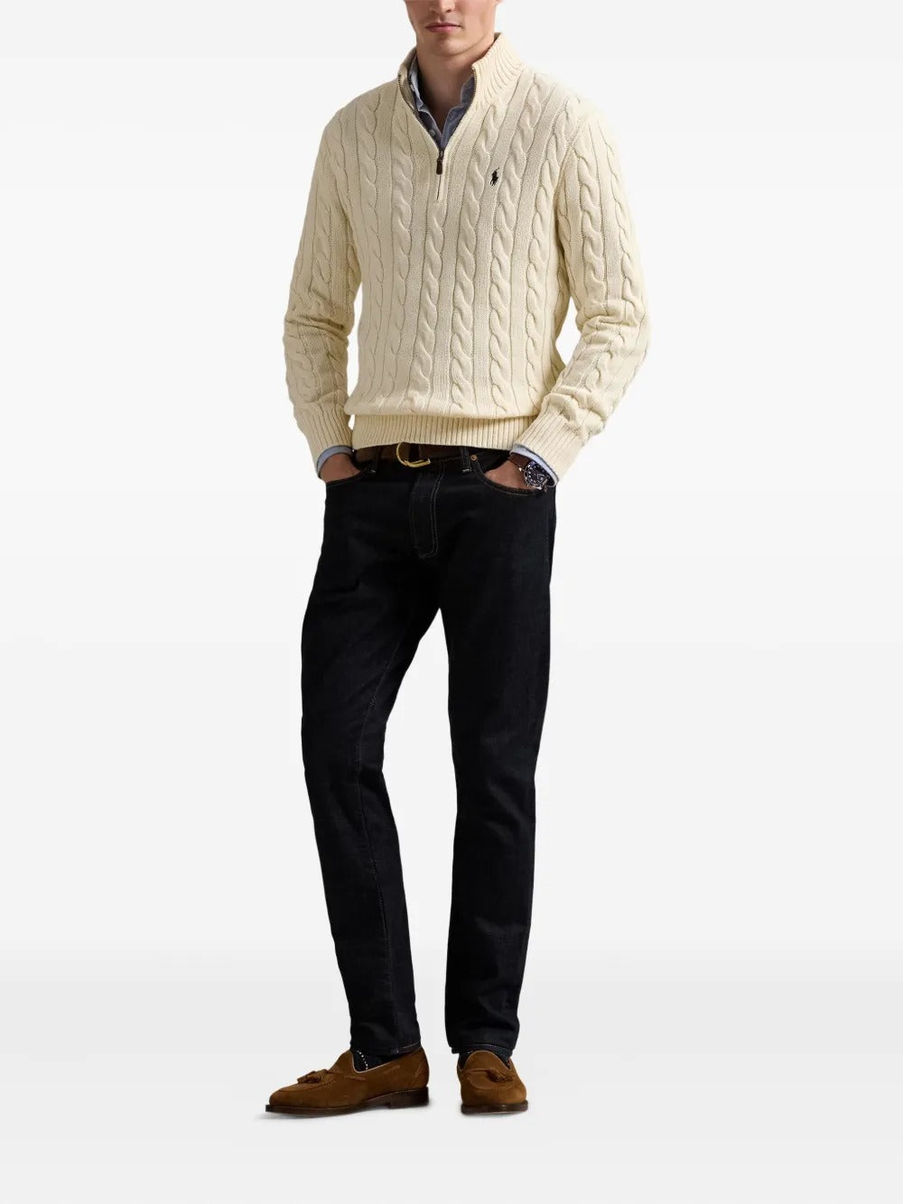 Creme sweater, full body view