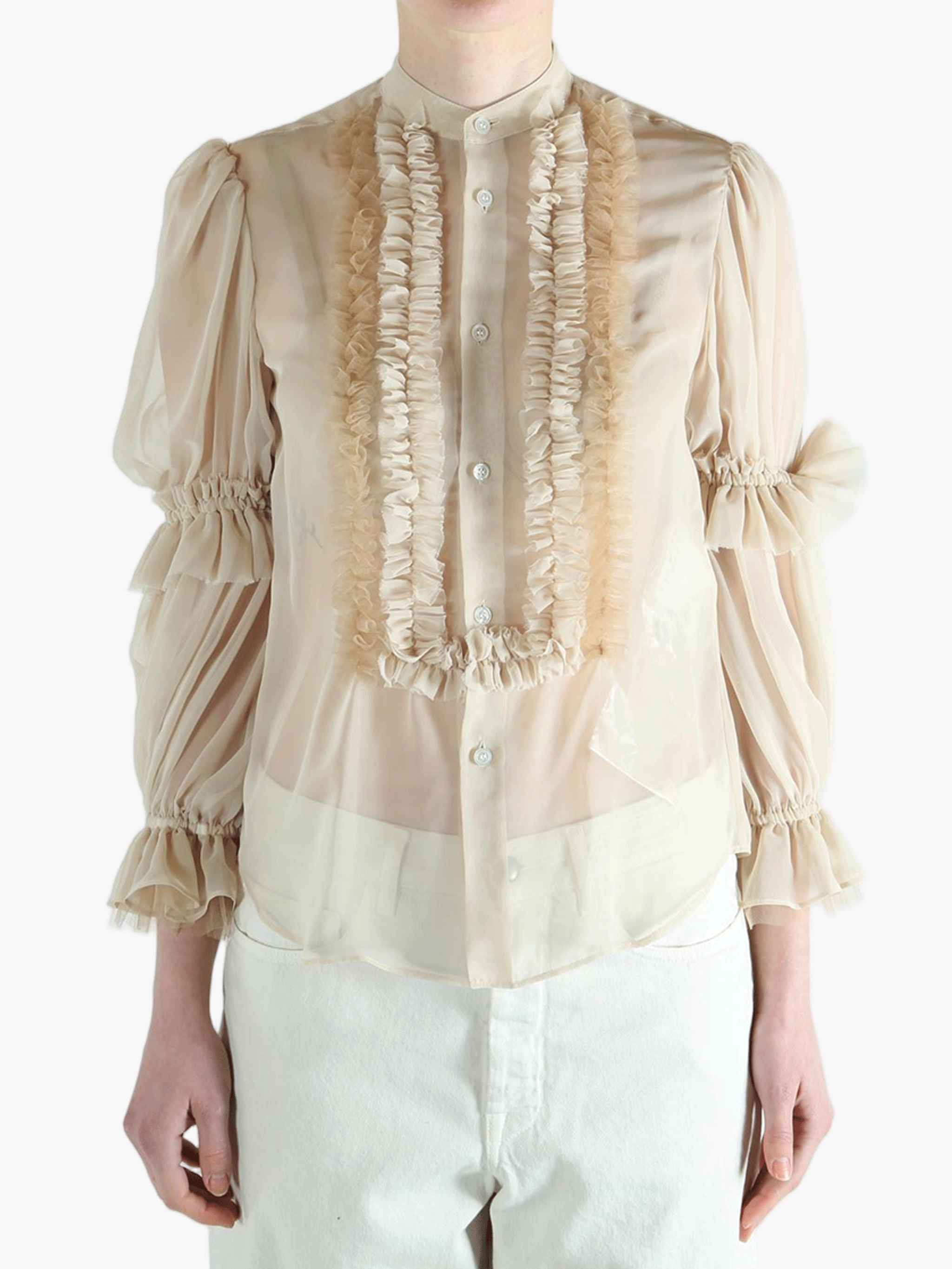 Tan t-shirt worn by a person, showing the t-shirt's fit