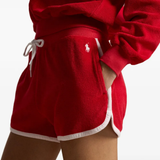 Close up of red short, showing texture of the cotton fabric