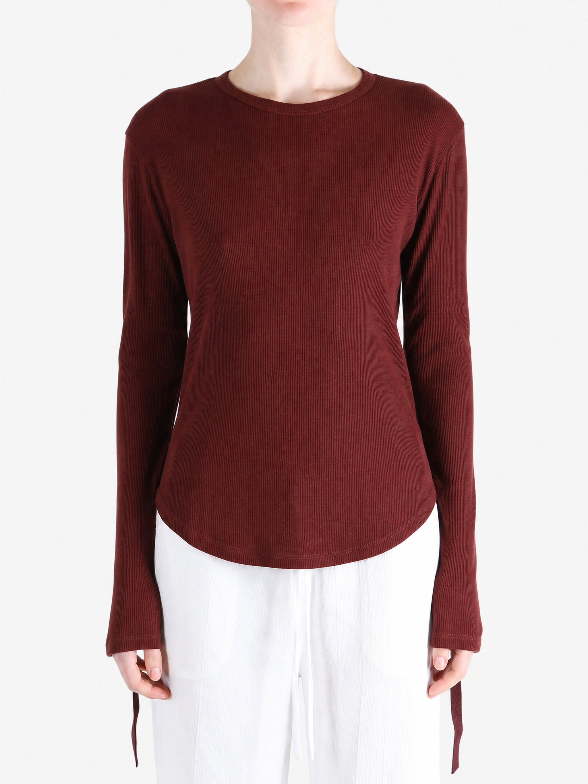 Burgundy top worn by a person, showing the top fit
