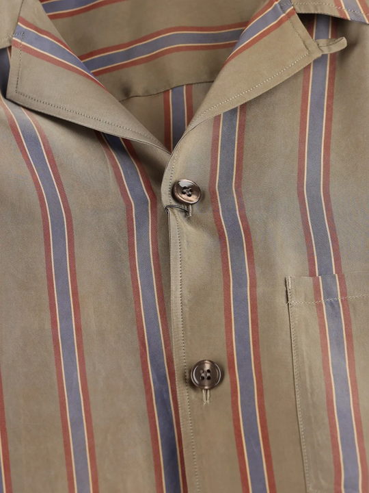 Close up of beige striped shirt,showing texture of the cupro fabric