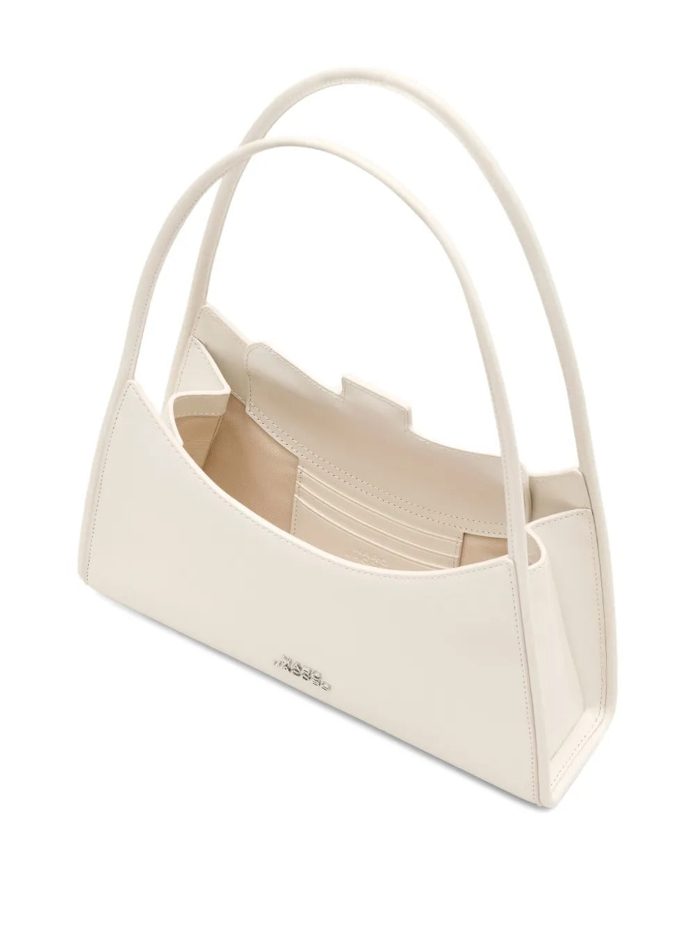 Close up of the white bag, showing texture of the leather fabric