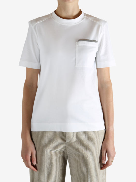 White t-shirt worn by a person, showing the t-shirt fit