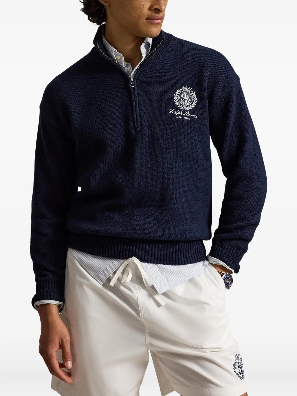 Navy hoodie worn by a person, showing the hoodie fit