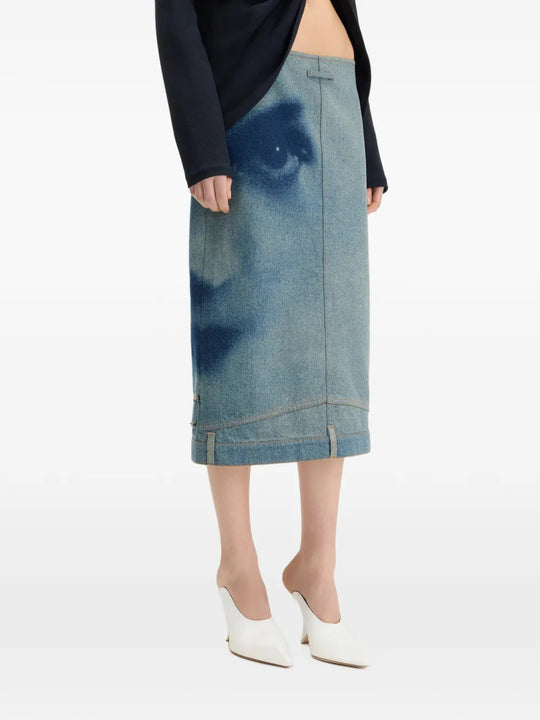 Blue skirt worn by a person, showing the skirt fit