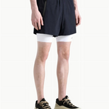 Navy shorts, full body view