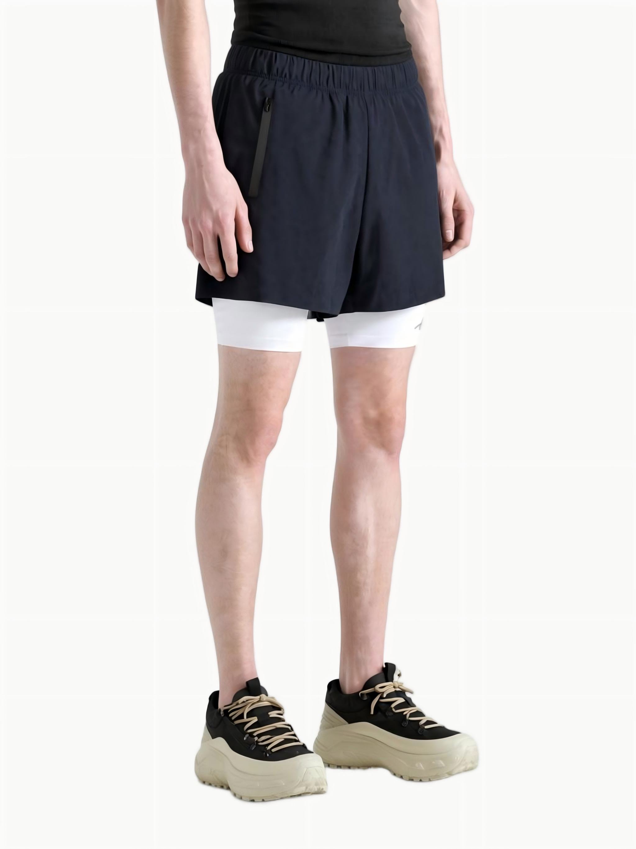 Navy shorts, full body view