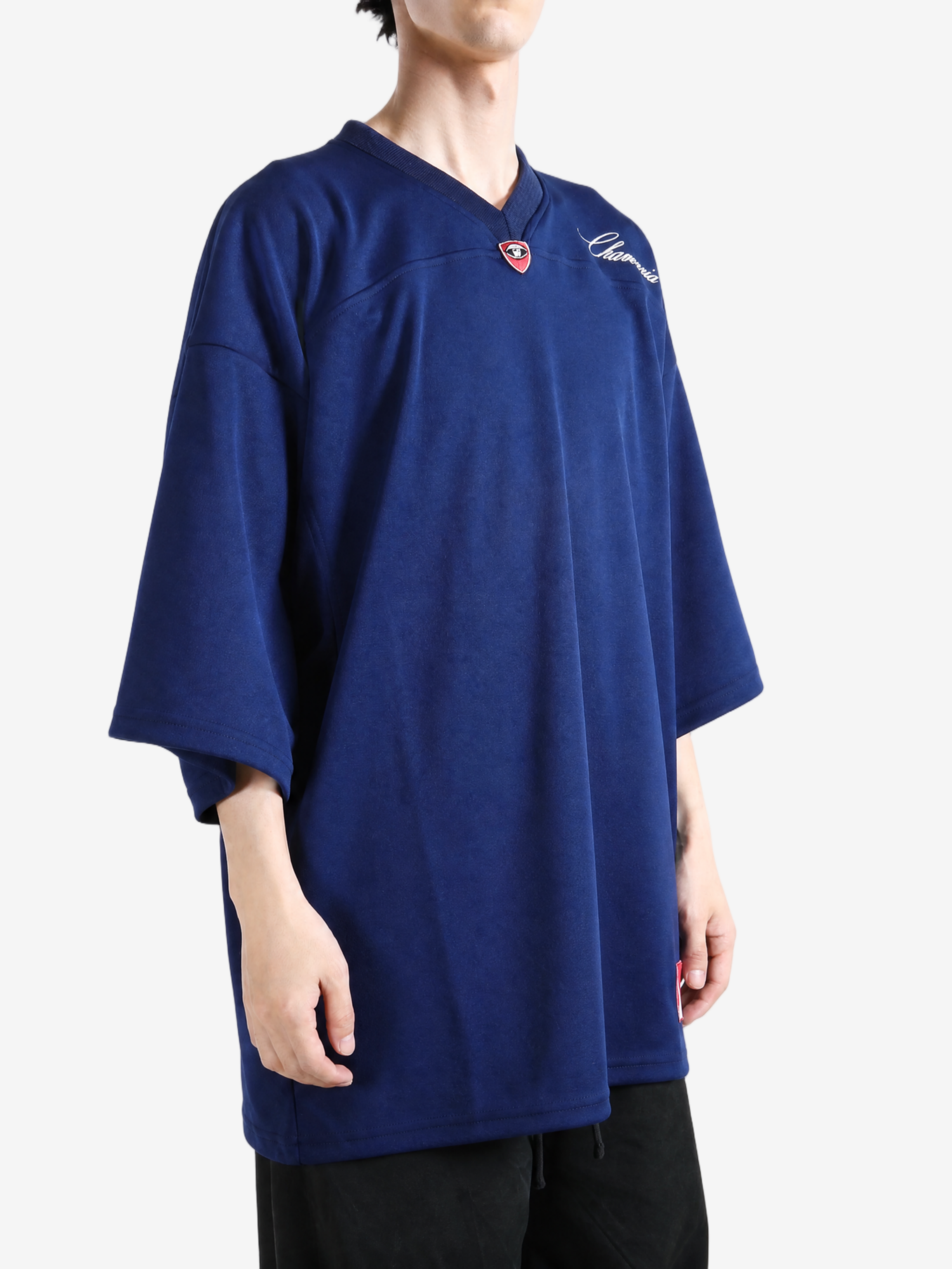 Navy top, full body view