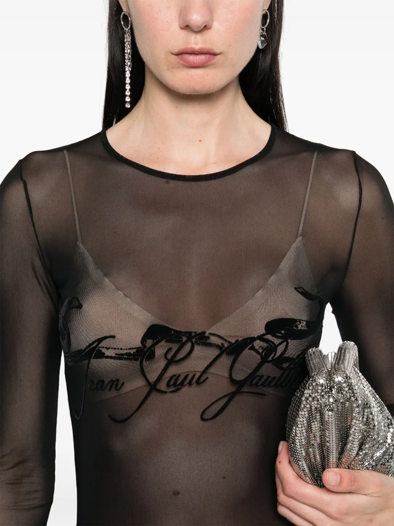 JEAN PAUL GAULTIER - Women Flock "Tattoo Ruban" Mesh Long Sleeves Top