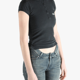 Black t-shirt worn by a person, showing the t-shirt's fit