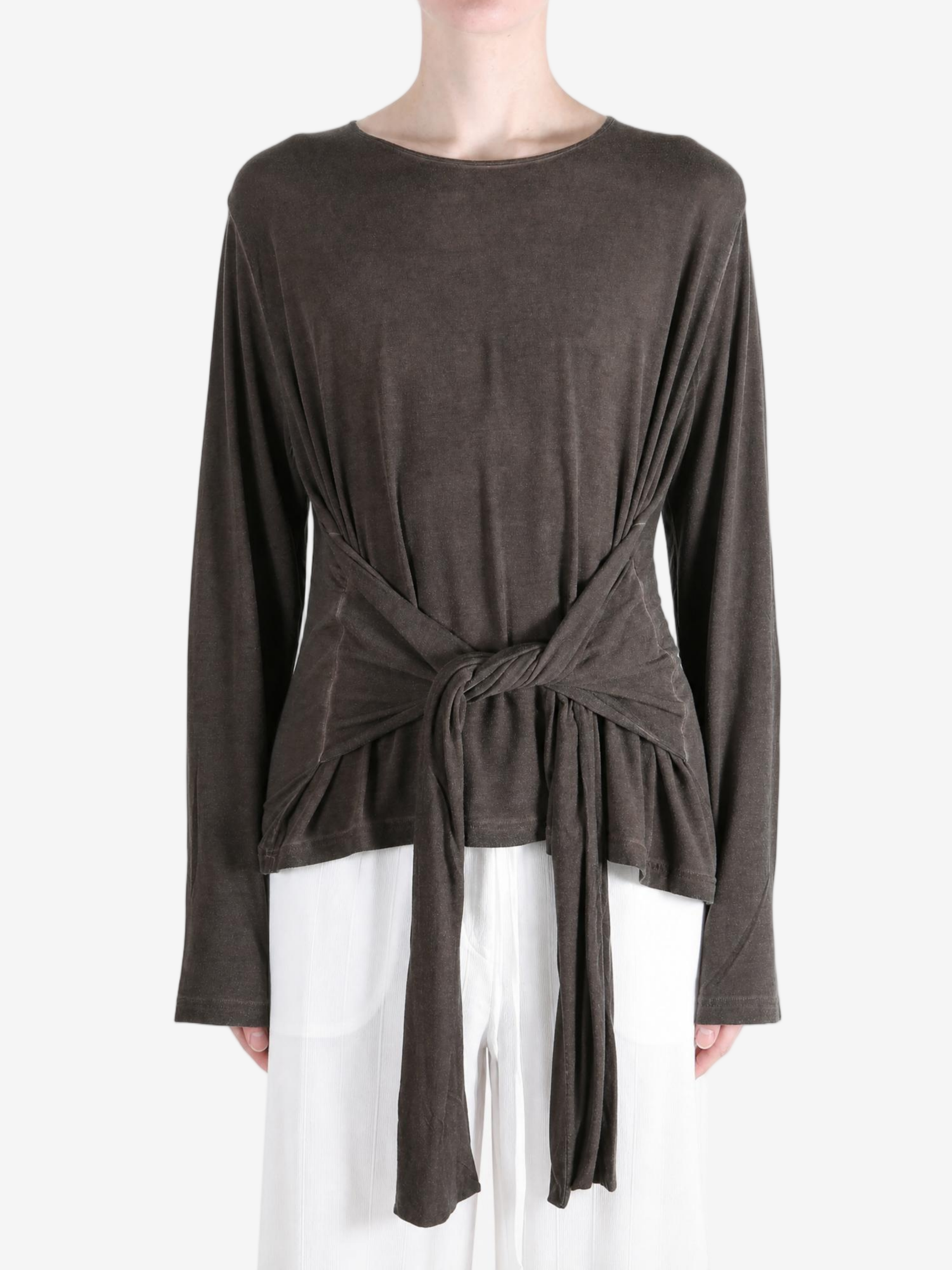 Brown top worn by a person, showing the top fit