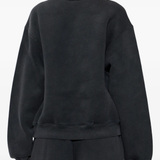 Black sweatshirt worn by a person, showing the sweatshirt fit