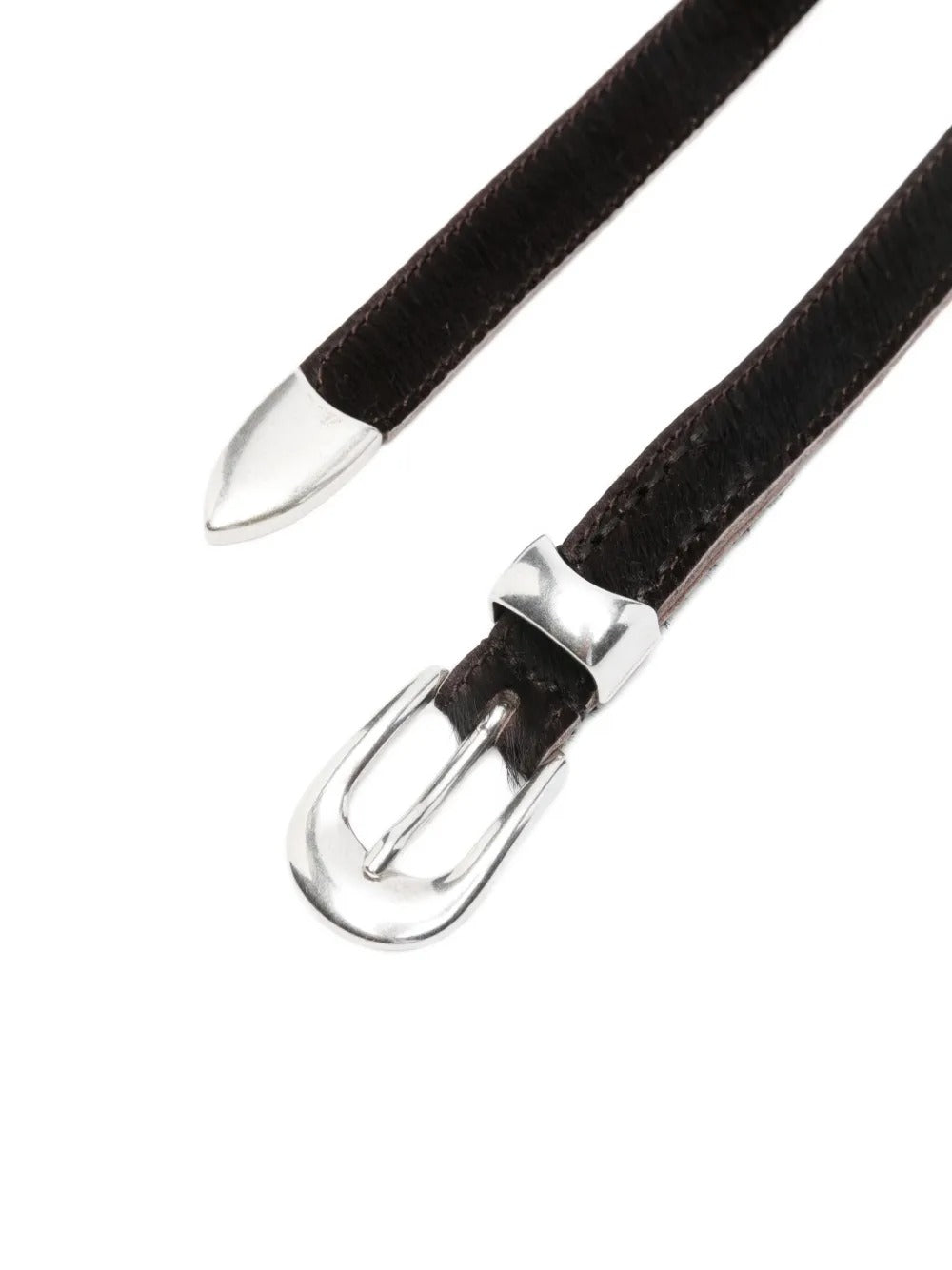 Close up of the brown belt, showing texture of the calf hair fabric