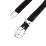 Close up of the brown belt, showing texture of the calf hair fabric