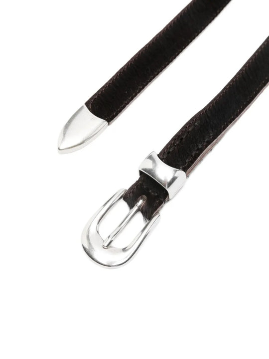 Close up of the brown belt, showing texture of the calf hair fabric