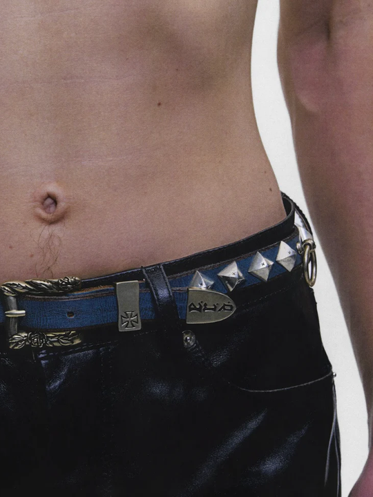 Blue accessories worn by a person, showing the accessories fit