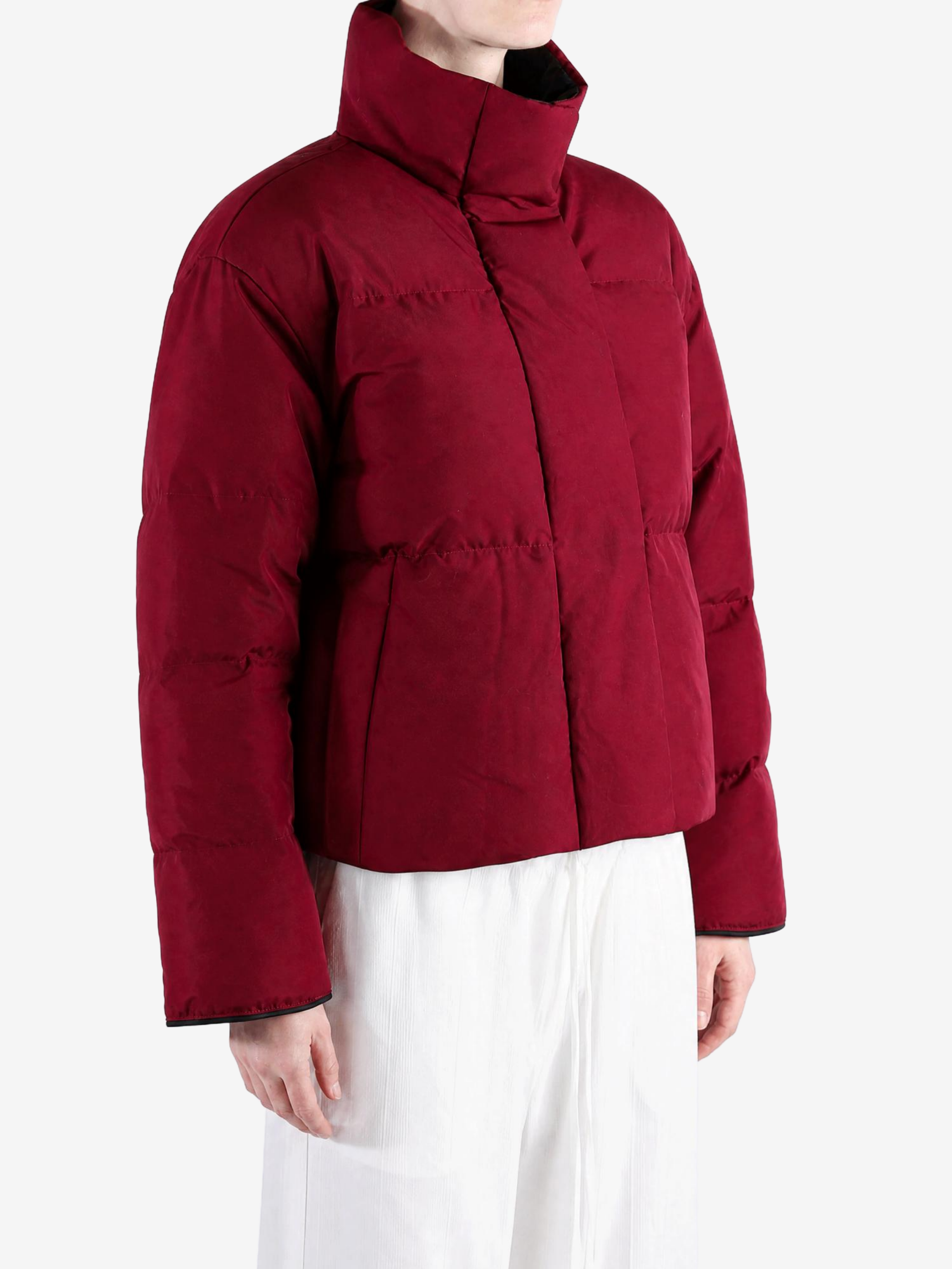 Burgundy jacket worn by a person, showing the jacket fit