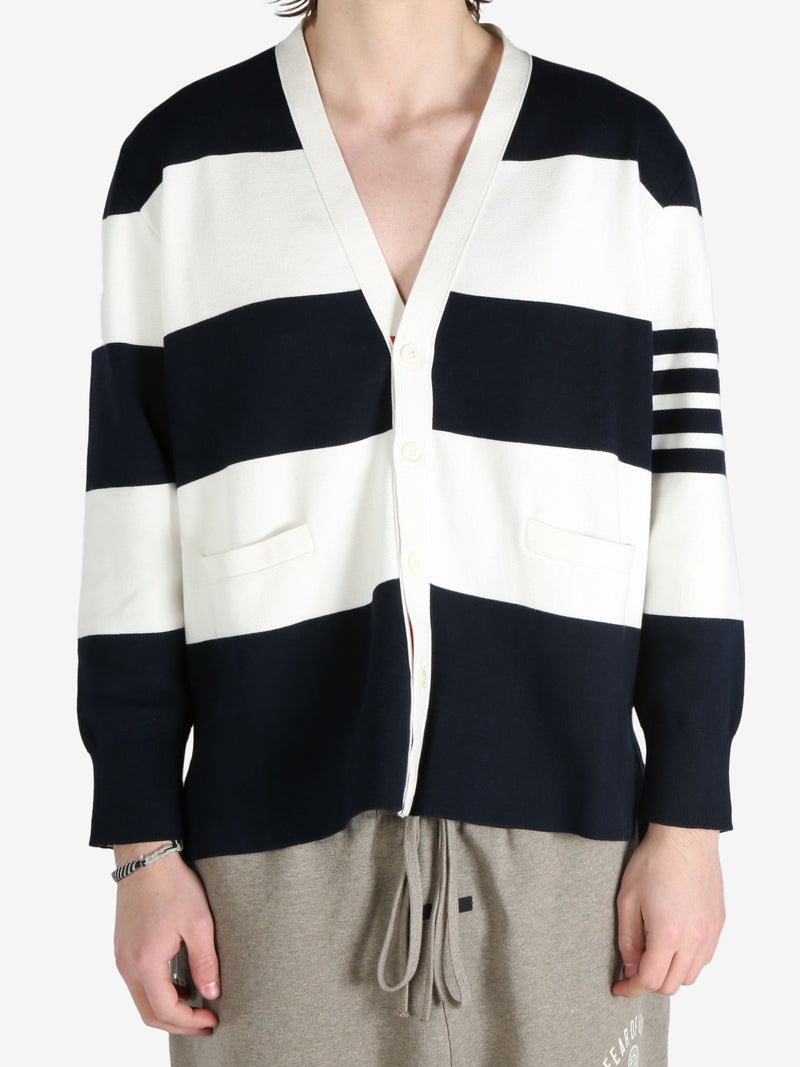 THOM BROWNE - Men Rugby Stripe Milano Stitch W/4 Bar Stripe V Neck Cardigan