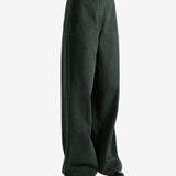 Green pants worn by a person, showing the pants's fit