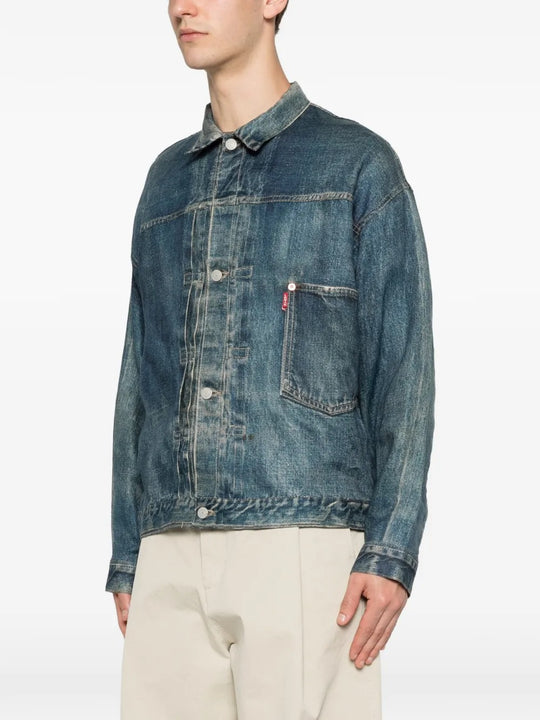 Blue jackets worn by a person, showing the jackets fit