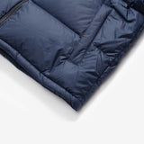 Close up of navy jacket, showing texture of the nylon fabric