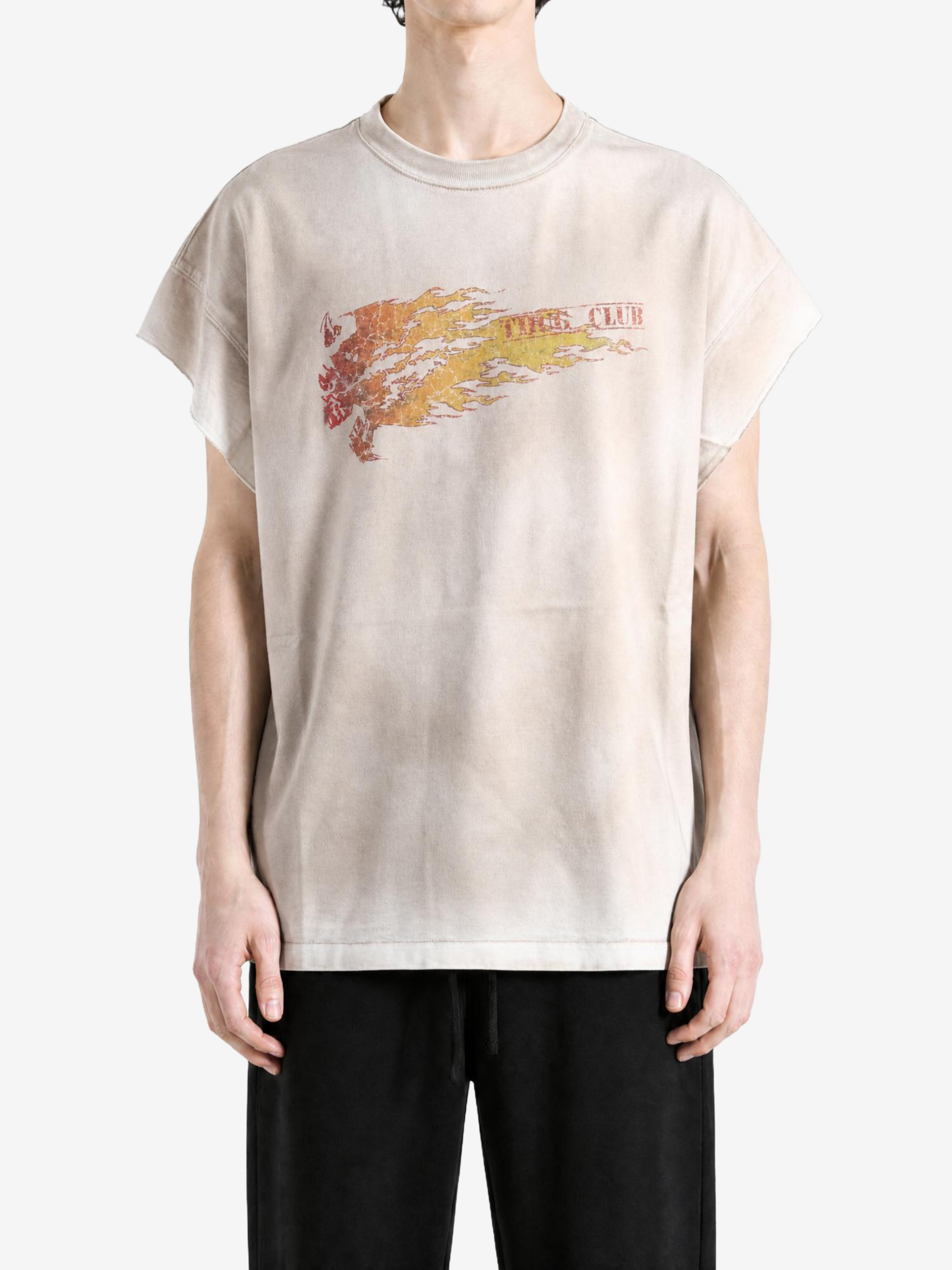Tan t-shirt, full body view