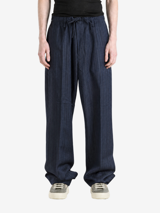 Navy pants, full body view