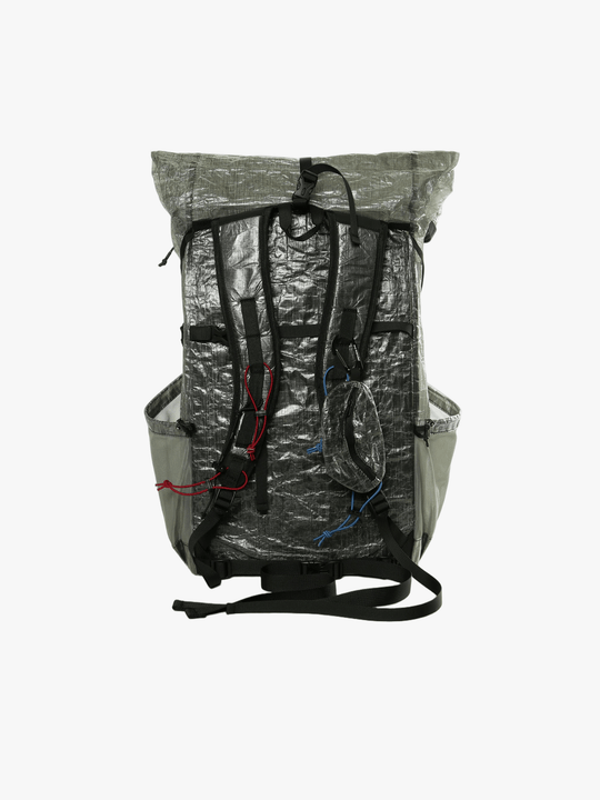 Grey backpack, back view