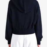 Navy hoodie, full body view